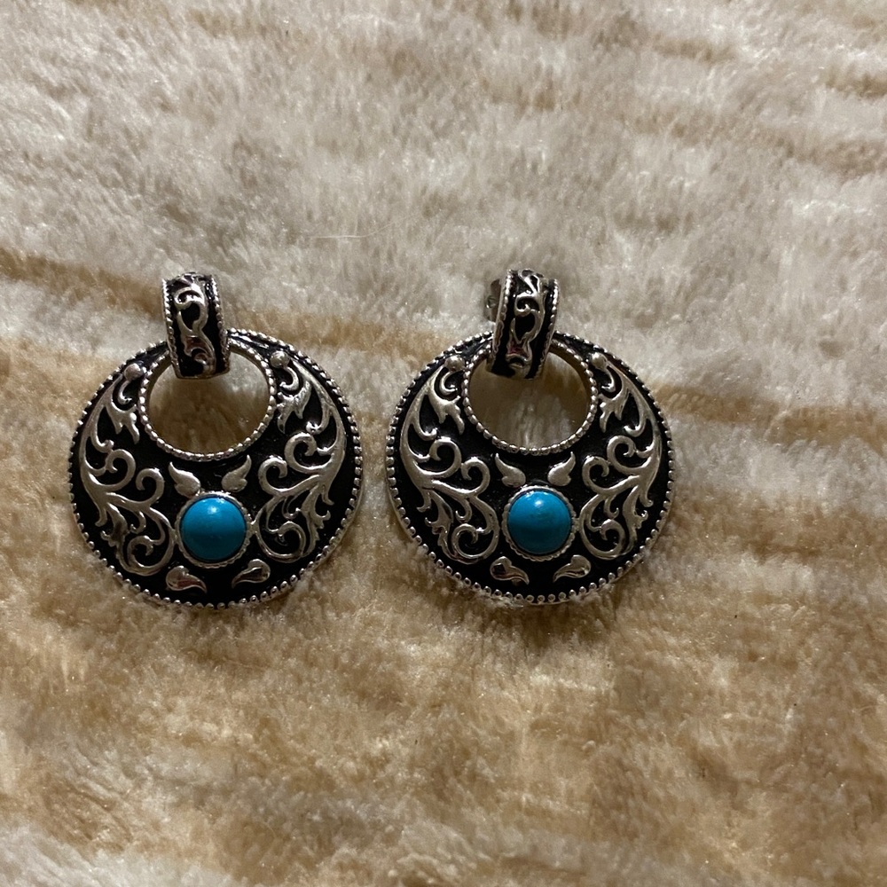 Turquoise Accent Silver-Tone Filigree Hoop Earrings - Women Jewelry